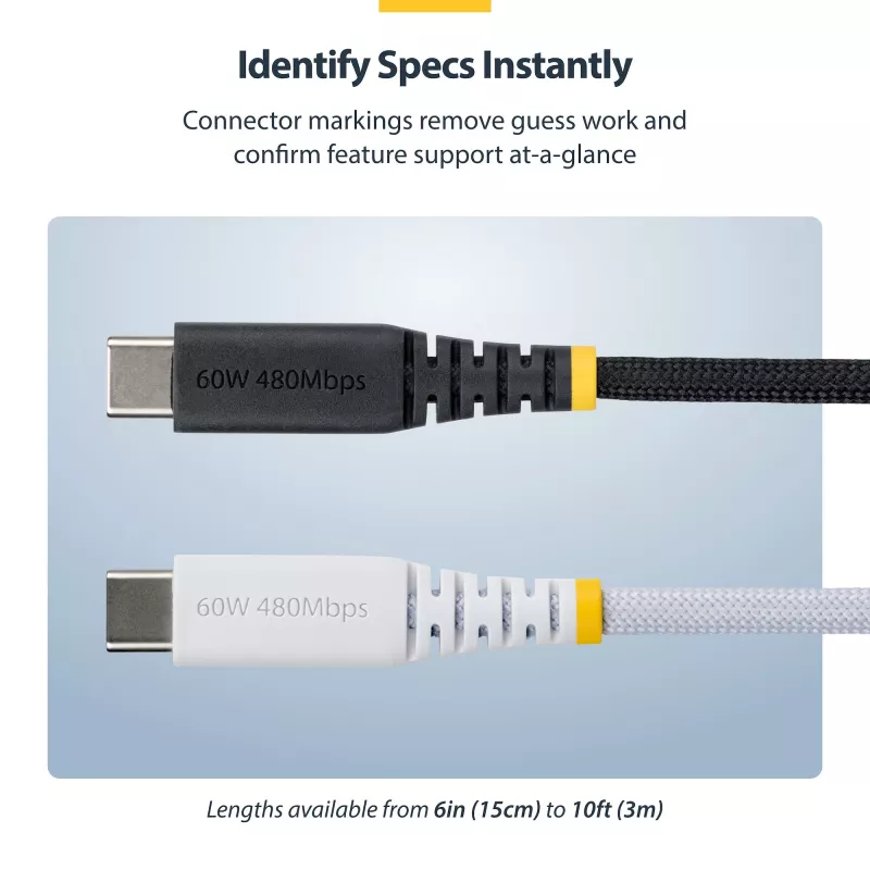 StarTech.com 2 m (6 ft) USB-C-latauskaapeli, 60 W (3 A) PD, kaksikerroksinen punottu nailon-/TPE-päällyste, kestävä USB-C-latauskaapeli, USB 2.0 -kannettavalaturikaapeli