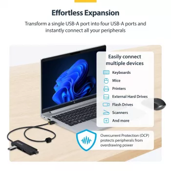StarTech.com 4-porttinen USB-A-keskitin, 5 Gbit/s, väylävirralla toimiva, USB-A 4x USB-A -minikeskittimeen, erittäin pitkä 61 cm isäntäkaapeli, PCR-muovi, kannettava pöytä-/kannettavakeskitin