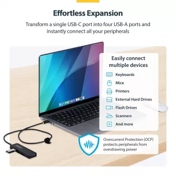 StarTech.com 4-porttinen USB-C-keskitin, 5 Gbit/s, väylävirralla toimiva, USB-C 4x USB-A -minikeskittimeen, erittäin pitkä 61 cm isäntäkaapeli, PCR-muovi, kannettava pöytä-/kannettavakeskitin