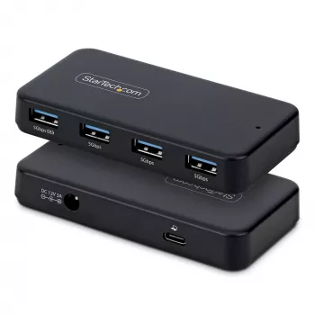 StarTech.com 4-porttinen USB-A-keskitin, 5 Gbit/s, itsetehoinen, 2-in-1 USB-C- ja USB-A-isäntäkaapeli, 1x BC 1.2 -latausportti, 24 W virtalähde mukana, MacBook ja Windows