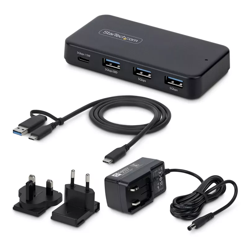 StarTech.com 4-porttinen USB-C- ja USB-A-keskitin, 5 Gbit/s, itsetehostettu, 2-in-1 USB-C- ja USB-A-isäntäkaapeli, 1x USB-C ja 3x USB-A (1x BC 1.2), 36W virtalähde sisältyy