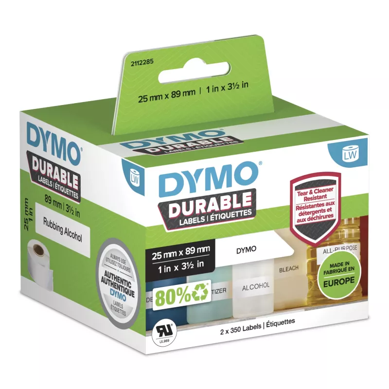 DYMO Original LabelWriter Durable -tarrat | 25 mm x 89 mm | valkoinen poly | 2 rullaa à 350 (700 itseliimautuvaa tarraa) | suurteho | LabelWriter-tarratulostimille