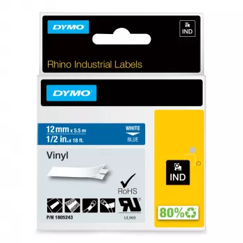 DYMO Rhino teollisuusvinyylitarrat | 12 mm x 5,5 m | valkoinen teksti sinisellä | itseliimautuva | LabelManager- ja Rhino-tarratulostimille