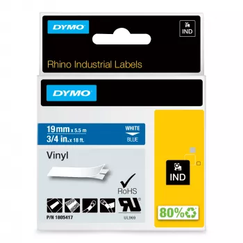 DYMO Rhino teollisuusvinyylitarrat | 19 mm x 5,5 m | valkoinen teksti sinisellä | itseliimautuva | LabelManager- ja Rhino-tarratulostimille