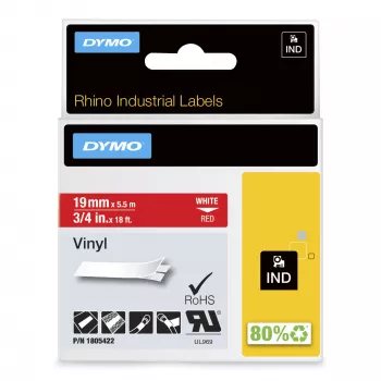 DYMO Rhino teollisuusvinyylitarrat | 19 mm x 5,5 m | valkoinen teksti punaisella | itseliimautuva | Rhino- ja LabelManager-tarratulostimille