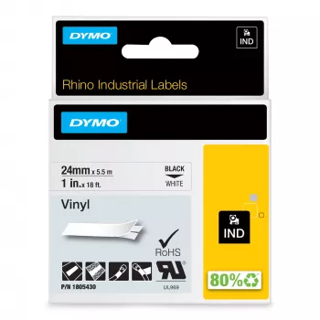 DYMO Rhino teollisuusvinyylitarrat | 24 mm x 5,5 m | musta teksti valkoisella | itseliimautuva | LabelManager- ja Rhino-tarratulostimille