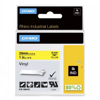 DYMO Rhino teollisuusvinyylitarrat | 24 mm x 5,5 m | musta teksti keltaisella | itseliimautuva | LabelManager- ja Rhino-tarratulostimille