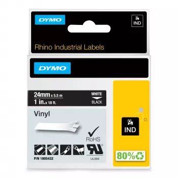 DYMO Rhino teollisuusvinyylitarrat | 24 mm x 5,5 m | valkoinen teksti mustalla | itseliimautuva | LabelManager- ja Rhino-tarratulostimille
