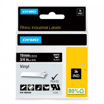 DYMO Rhino teollisuusvinyylitarrat | 19 mm x 5,5 m | valkoinen teksti mustalla | itseliimautuva | LabelManager- ja Rhino-tarratulostimille