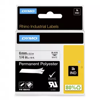 DYMO Rhino teolliset pysyvät polyesteritarrat | 6 mm x 5,5 m | musta teksti valkoisella | itseliimautuva | Rhino- ja LabelManager-tarratulostimille