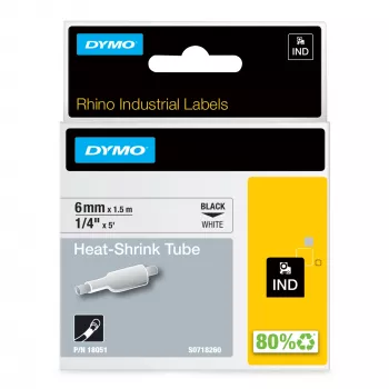 DYMO Rhino teollisuus lämpökutistuvat kaapelitarraputket | 6 mm x 1,5 m | musta teksti valkoisella | Rhino-tarratulostimille