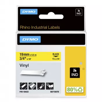 DYMO Rhino teollisuus vinyylitarrat | 19 mm x 5,5 m | musta teksti keltaisella | itseliimautuva | Rhino- ja LabelManager-tarratulostimille