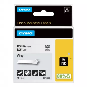 DYMO Rhino teollisuus vinyylitarrat | 12 mm x 5,5 m | musta teksti valkoisella | itseliimautuva | Rhino- ja LabelManager-tarratulostimille