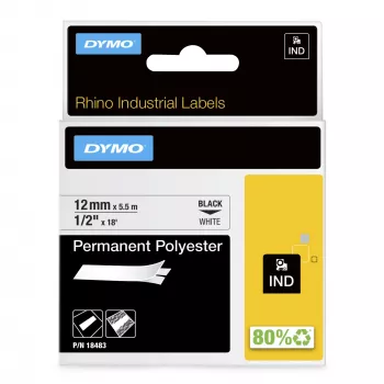 DYMO Rhino teollisuus pysyvät polyesteritarrat | 12 mm x 5,5 m | musta teksti valkoisella | itseliimautuva | Rhino- ja LabelManager-tarratulostimille