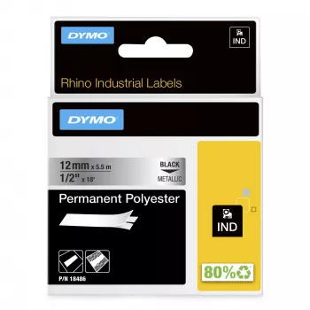 DYMO Rhino teollisuus pysyvät polyesteritarrat | 12 mm x 5,5 m | musta teksti metallisella | Rhino- ja LabelManager-tarratulostimille