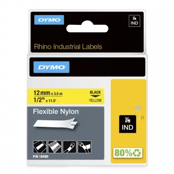 DYMO Rhino teollisuus joustavat nylon-tarrat | 12 mm x 3,5 m | musta teksti keltaisella | itseliimautuva | Rhino- ja LabelManager-tarratulostimille