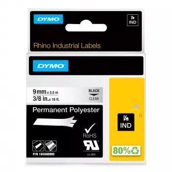 DYMO Rhino teollisuus pysyvät polyesteritarrat | 9 mm x 5,5 m | musta teksti läpinäkyvällä | itseliimautuva | LabelManager- ja Rhino-tarratulostimille