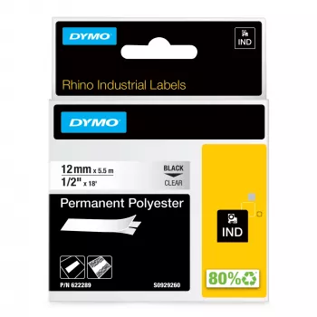 DYMO Rhino teollisuus pysyvät polyesteritarrat | 12 mm x 5,5 m | musta teksti läpinäkyvällä | itseliimautuva | LabelManager- ja Rhino-tarratulostimille