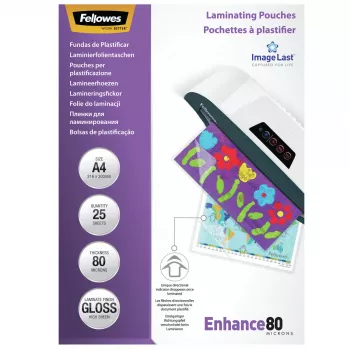 Fellowes ImageLast A4 80 mikronia laminointitaskut – 25 kpl:n pakkaus, kiiltävä, läpinäkyvä, A4, 0,08 mm, 210 mm, 1 mm