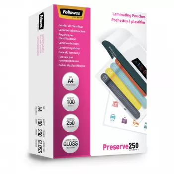 Fellowes A4 Glossy 250 mikronia laminointitaskut – 100 kpl:n pakkaus, kiiltävä, läpinäkyvä, A4, 0,25 mm, 210 mm, 1 mm
