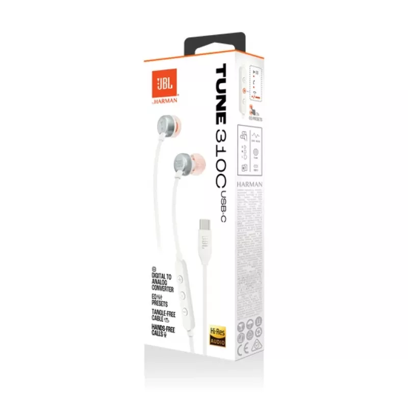 JBL Tune 310C kuulokemikrofoni johdollinen nappikuuloke puhelut/musiikki USB Type-C valkoinen