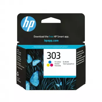 HP 303 tri-color alkuperäinen mustekasetti, vakiokapasiteetti, syaani, magenta, keltainen, väriainepohjainen muste, 1 kpl, 165 sivua, yksittäispakkaus