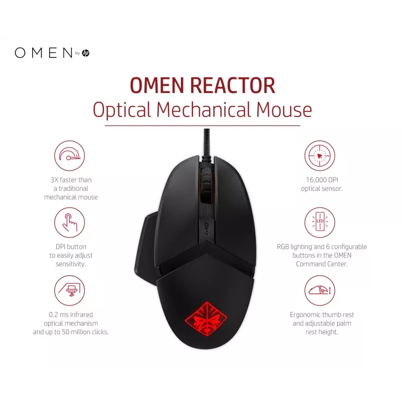 HP OMEN by Reactor hiiri, oikeakätinen, optinen, USB Type-A, 16000 DPI, 0,2 ms, musta