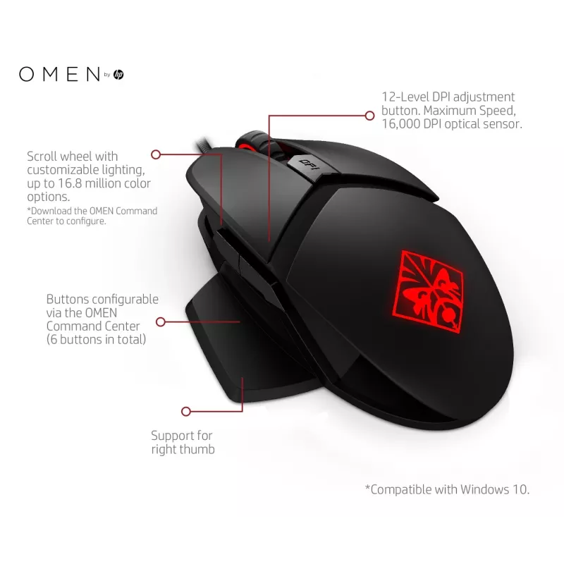 HP OMEN by Reactor hiiri, oikeakätinen, optinen, USB Type-A, 16000 DPI, 0,2 ms, musta
