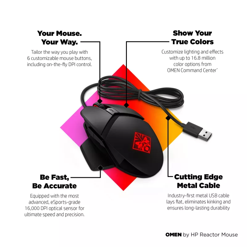 HP OMEN by Reactor hiiri, oikeakätinen, optinen, USB Type-A, 16000 DPI, 0,2 ms, musta