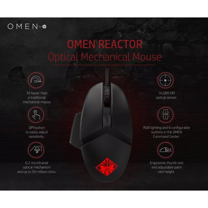 HP OMEN by Reactor hiiri, oikeakätinen, optinen, USB Type-A, 16000 DPI, 0,2 ms, musta