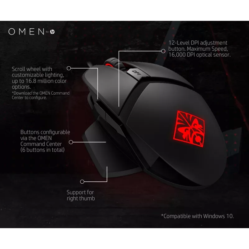 HP OMEN by Reactor hiiri, oikeakätinen, optinen, USB Type-A, 16000 DPI, 0,2 ms, musta