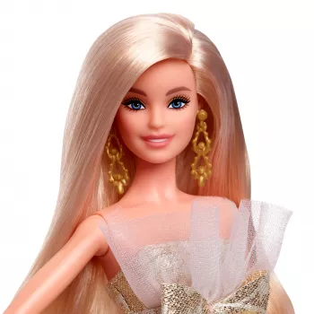 Barbie Signature 2025 Holiday Fashion -nukke, kausittainen keräilynukke, vaalea hopeisessa ja kultaisessa mekossa