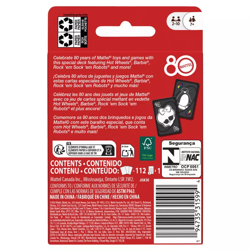 UNO Mattel 80th Ruby Red -korttipeli lapsille ja perheilloille