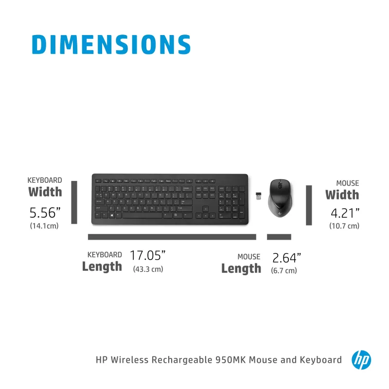 HP Wireless Rechargeable 950MK hiiri ja näppäimistö, täysikokoinen, langaton, mekaaninen