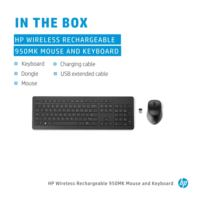 HP Wireless Rechargeable 950MK hiiri ja näppäimistö, täysikokoinen, langaton, mekaaninen