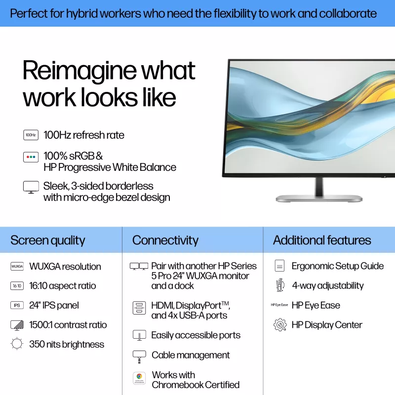 HP Series 5 Pro 24 inch WUXGA näyttö – 524pn, 61 cm (24 inch), 1920 x 1200 pikseliä, WUXGA, LCD, 5 ms, musta
