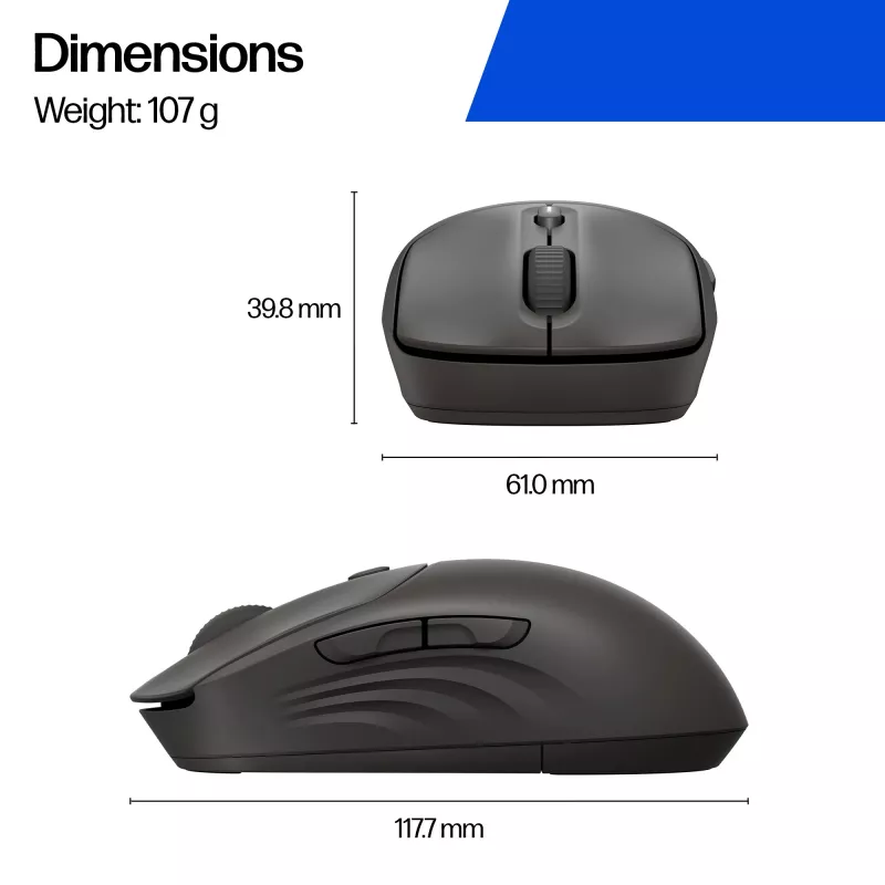 Langaton hiiri HP 405 Quiet — molempikätinen, optinen 1200 DPI, RF Wireless + Bluetooth, 5 painiketta, paristokäyttöinen, musta