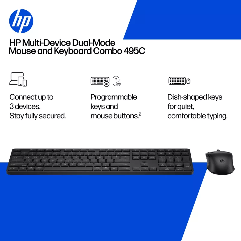 Näppäimistö- ja hiiriset HP 495C — langaton Full-Size-näppäimistö, Multi-Device-hiiri, USB/RF/Bluetooth, musta