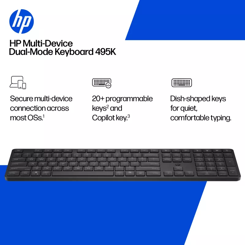 HP 495K Multi-Device Dual-Mode -näppäimistö, Full-Size (100 %), langaton, USB + Bluetooth, musta