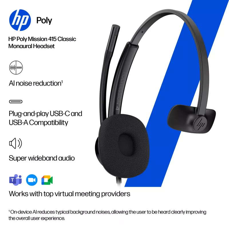 HP Poly Mission 415 yksikanavainen USB-johdollinen headset (bulk), 99 g, musta