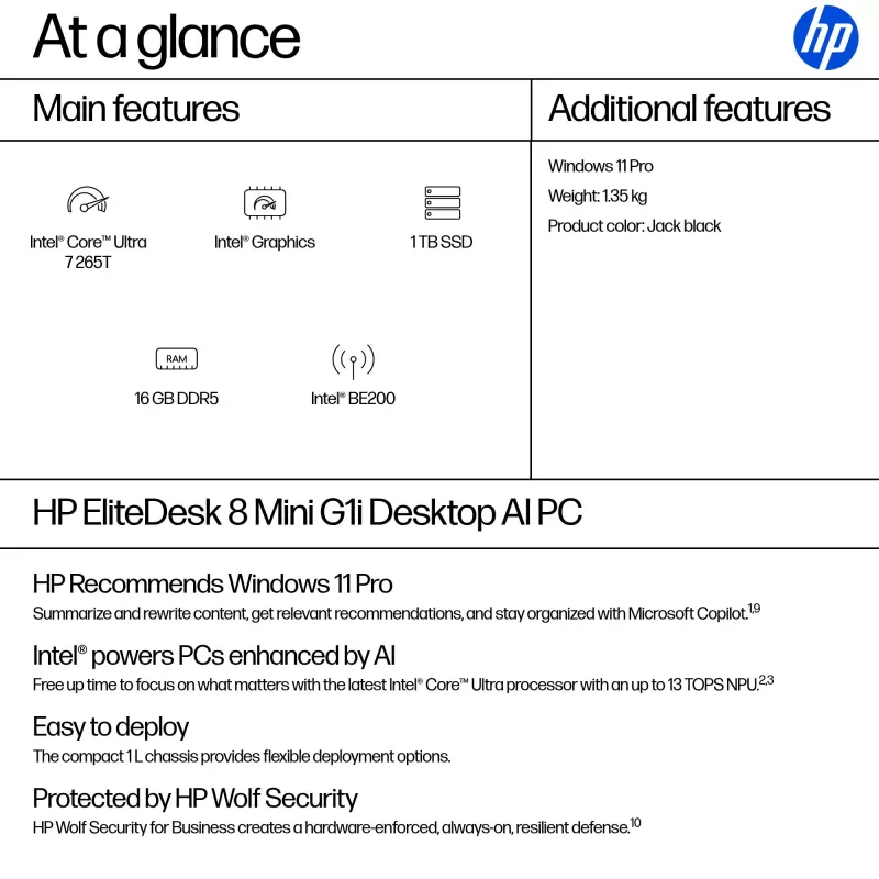Mini-PC HP EliteDesk 8 Mini G1i AI — Intel Core Ultra 7 265T, 16 GB DDR5, 1 TB SSD, Windows 11 Pro, musta