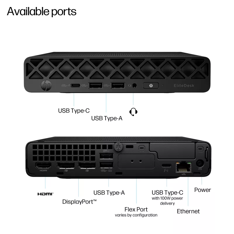 Mini-PC HP EliteDesk 8 Mini G1i AI — Intel Core Ultra 7 265T, 16 GB DDR5, 1 TB SSD, Windows 11 Pro, musta