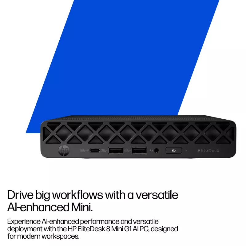 Mini-PC HP EliteDesk 8 Mini G1i AI — Intel Core Ultra 7 265T, 16 GB DDR5, 1 TB SSD, Windows 11 Pro, musta
