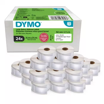Tarrarullat Dymo 2223589 – valkoiset paperitarrat 5,4 × 2,5 cm, 500 tarraa/rulla, 12 000 tarraa/pakkaus, FSC