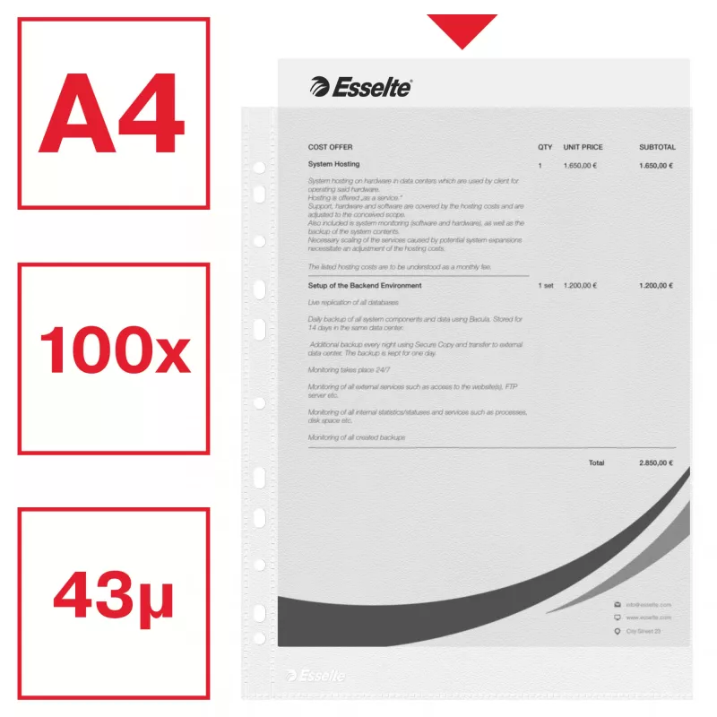 Esselte kirkkaat taskut A4 – Economy –, 210 x 297 mm (A4), läpinäkyvä, polypropeeni (PP), pysty, ylhäältä, 230 mm