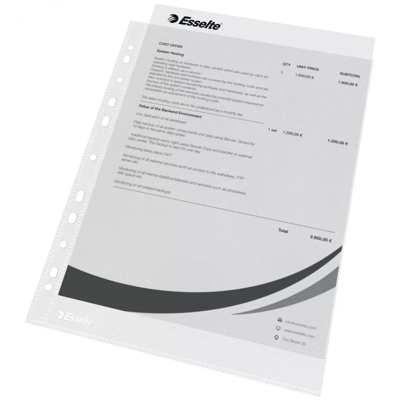 Esselte kirkkaat taskut A4 – Economy –, 210 x 297 mm (A4), läpinäkyvä, polypropeeni (PP), pysty, ylhäältä, 230 mm