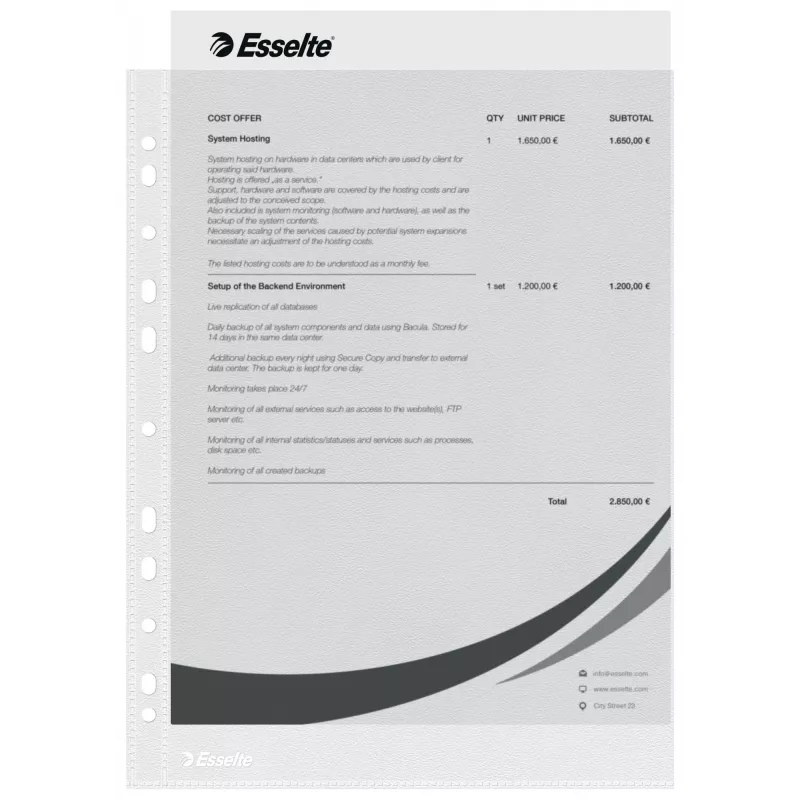 Esselte kirkkaat taskut A4 – Economy –, 210 x 297 mm (A4), läpinäkyvä, polypropeeni (PP), pysty, ylhäältä, 230 mm