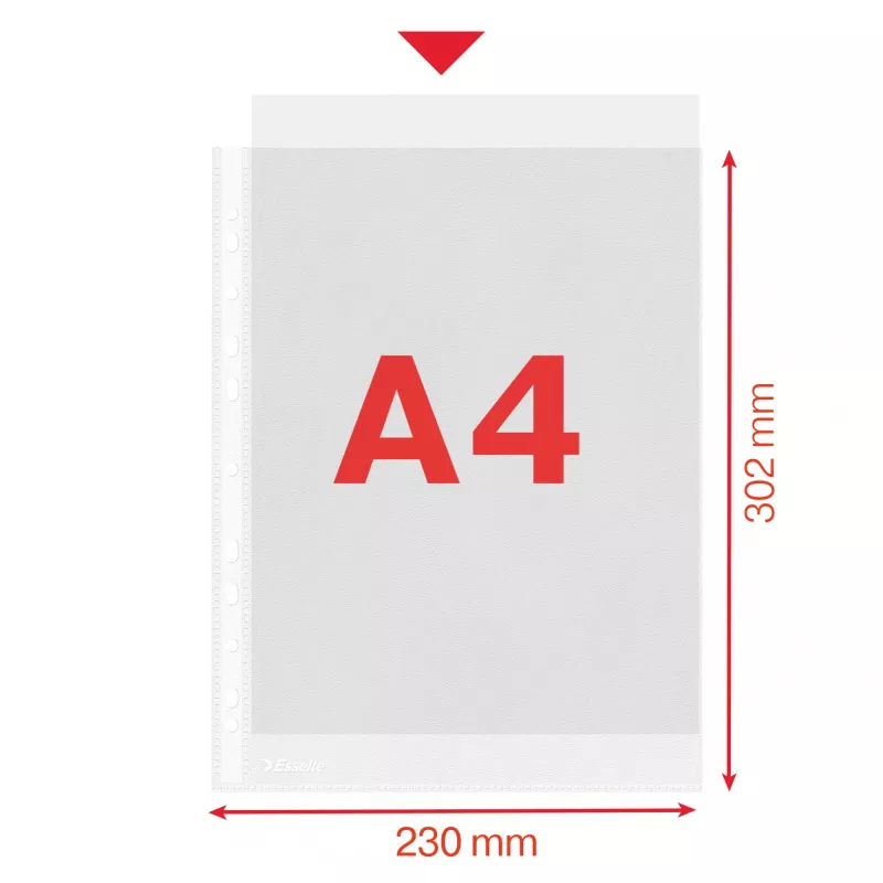 Esselte kirkkaat taskut A4 – Economy –, 210 x 297 mm (A4), läpinäkyvä, polypropeeni (PP), pysty, ylhäältä, 230 mm