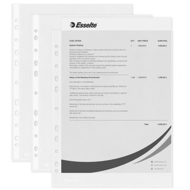 Esselte kirkkaat taskut A4 – Economy –, 210 x 297 mm (A4), läpinäkyvä, polypropeeni (PP), pysty, ylhäältä, 230 mm
