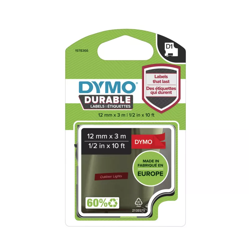 DYMO Authentic D1 Durable -tarrat | musta teksti punaisella nauhalla | 12 mm x 3 m | merkintänauha LabelManager-tarratulostimille